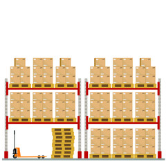 Metal racks for a warehouse with boxes on pallets. Flat design, front view. Vector illustration.
 Boxes on wooded pallet illustration, flat style warehouse cardboard parcel boxes stack front view imag