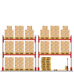Metal racks for a warehouse with boxes on pallets. Flat design, front view. jpeg image illustration.Boxes on wooded pallet jpg  illustration, flat style warehouse cardboard parcel boxes stack front 