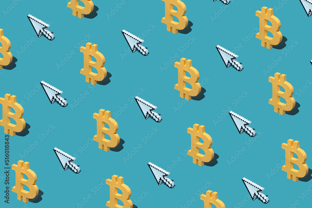 Poster bitcoin cryptocurrency and internet digital money and pixelated mouse pointer. minimal financial mod