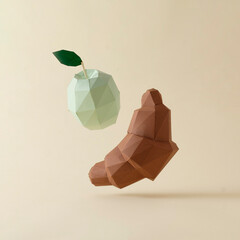 Chocolate 3d polygon croissant and green apple levitation on a beige background. Minimal creative...
