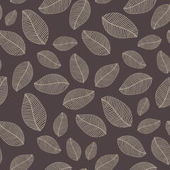 The leaves are beige with beautiful venation on a black background. Seamless pattern with foliage. 