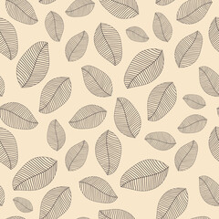 The leaves are black with beautiful venation on a beige pastel background. Seamless pattern with foliage. 
