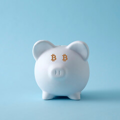 Piggy piggy bank as savings and finance deposit concept with bitcoin crypto currency blockchain in eye place.