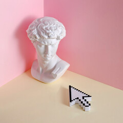 Statue bust head of Michelangelo's David in corner or cul-de-sac as problem concept and pixel mouse...