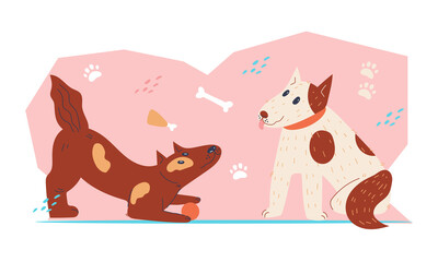 Cute funny dogs at colorful backdrop for veterinary service or pet shop banner, flat vector illustration isolated on white background.