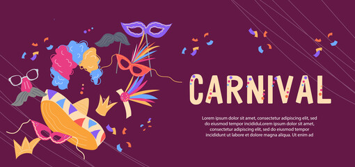 Carnival banner or party invitation template flat vector illustration. Carnival poster or flyer design for Mardi gras, Purim or Festa Junina, music and dance carnival.