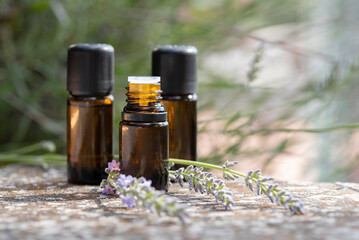 Close-up of three brown bottles with natural lavender essential oil