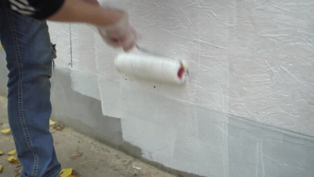 Woman painting her own house with roller