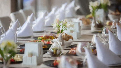 Banquet table with serving in the restaurant. Illustration