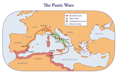 Map of the territories controlled by Rome and Carthage during the Punic wars 