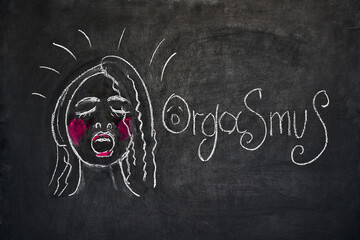 Orgasmus concept. Portrait of a woman getting an orgasm on a chalkboard