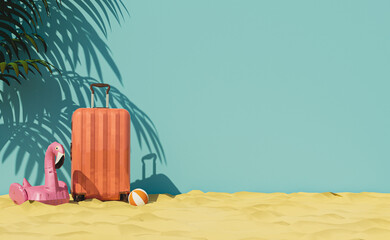 Yellow luggage display on yellow sand summer days travel banner design mockup with pink duck and beach ball leaf shadow on back 3d rendering image