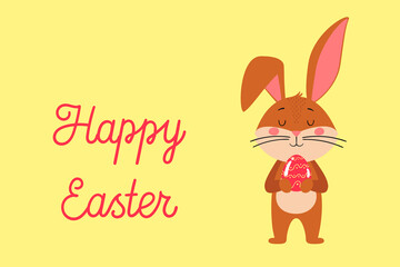 Fototapeta na wymiar Easter card template with a cute rabbit, the symbol of the year 2023 in the Chinese calendar. Handwritten text of 