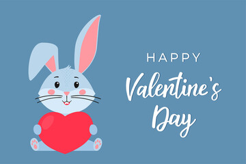 Cute greeting card with a rabbit the symbol of the year 2023 in the Chinese or Eastern calendar. Handwritten Text "Happy Valentine's Day". Vector stock flat illustration