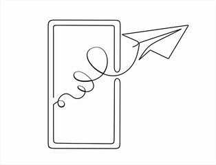 one line drawing of smartphone with paper plane as business concept of startup Can used for logo, emblem, slide show and banner. Illustration with quote template. 
