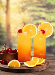 Tequila sunrise cocktail with rural background