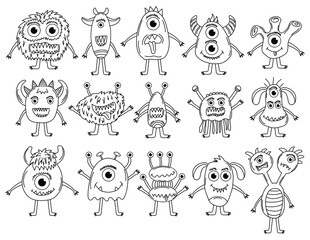 Funny and cute Alien monster with three eyes for kids. Imaginary creature for children coloring book, black and white outline fantasy cartoon for coloring pages. - obrazy, fototapety, plakaty