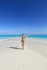 Fototapeta na wymiar girl model in a black bikini on the white sand by the ocean