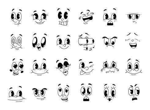 Retro cartoon and comics characters funny faces vector set. 30s, 50s, 60s old animation eyes and mouths elements. Vintage comic style faces for logo. Emoticon with different happy and sad emotions.