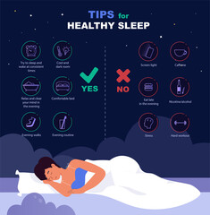 Healthy sleep tips infographic. Causes of insomnia and good sleep rules. Woman sleeping on pillow vector illustration. Healthy care tips for good sleep with correct and wrong habits list template.