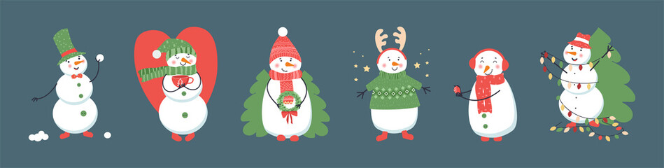 Set of cute christmas snowmen in hats and scarves. Snowman with xmas lights, snowballs, christmas wreath and cup of cacao. Collection of cheerful characters. Flat vector isolated illustration. Vector