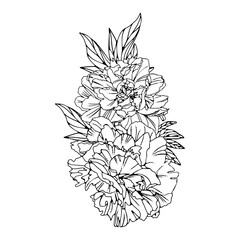 Elegant flower arrangement of line art peonies and leaves. Hand-drawn peony flowers. Design wedding invitation, envelopes, greeting card template. Vector illustration
