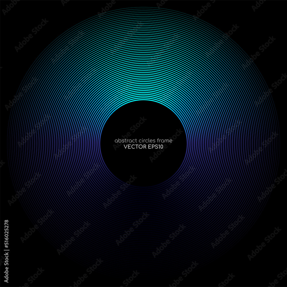 Wall mural abstract circles line wave expand pattern border frame by gradient blue green light isolated on black background.