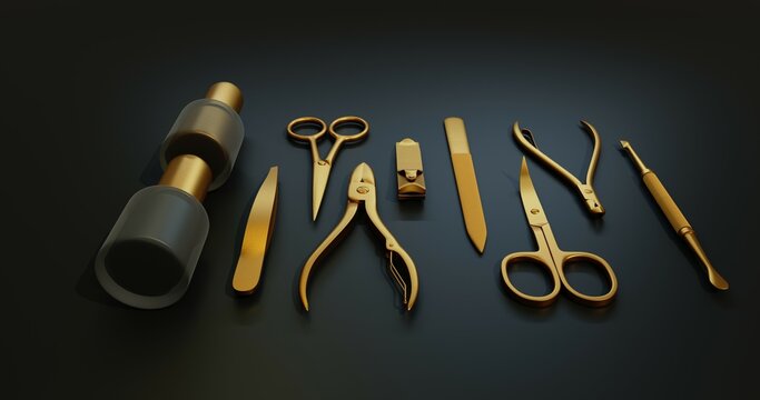 3d manicure, pedicure model illustration set. Luxury gold and black art supplies. Nail scissors, emery board, cuticle scissors, nail file, tweezers, manicure buffer, nail clippers, gel polish