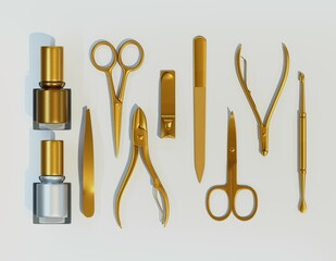 3d manicure, pedicure model illustration set. Luxury gold and black art supplies. Nail scissors, emery board, cuticle scissors, nail file, tweezers, manicure buffer, nail clippers, gel polish
