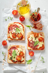 Fresh and tasty toasts with salami, cheese and basil.
