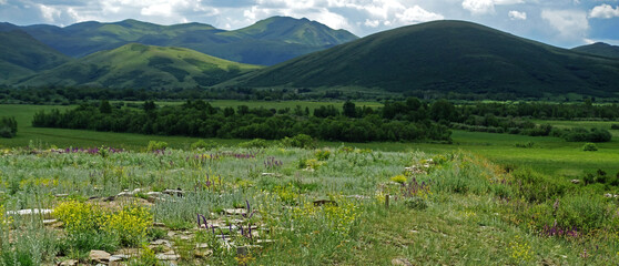 Fototapeta na wymiar East Kazakhastan landscape, mountains and fields
