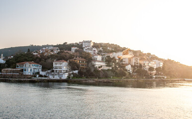 Sunset with view to living builing on banks of Prince Island. Istanbul