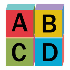 Wooden alphabet cubes with letters A, B, C, D color vector isolated illustration