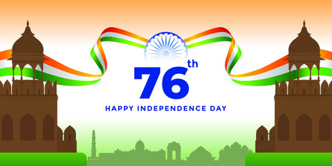 76th Independence day of India greeting with tricolor Indian flag. 15th August template for website and social media.