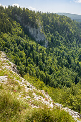 Crête et falaise calcaire, vue depuis le bord de la falaise du cirque d’Orvaz, Jura, Ain,...
