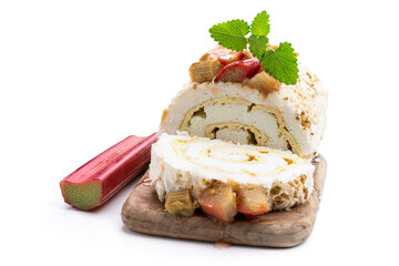 Rhubarb pavlova cake meringue pie roll isolated on white