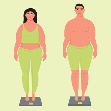 Before weight loss, obesity concept, overeating, improper nutrition, health, fitness. Young sad overweight man and woman  standing on a scale. Fat people in cartoon flat vector illustration isolated