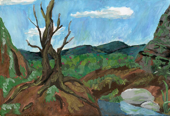 
Natural landscape in gouache. The tree stands on a ledge. 
Mountains in the background.