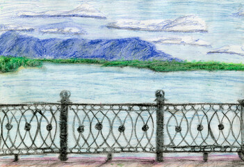 View from the riverside 
to the hills. Colored pencil illustration. Landscape.
