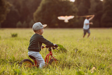 Fototapeta premium Family vacation. Summer outdoor photo of a father and son flying a kite in a meadow. A picture against the sun. Warm family moments or a conceptual image for spending time outdoors.