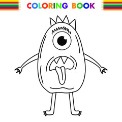 Funny and cute Alien monster with three eyes for kids. Imaginary creature for children coloring book, black and white outline fantasy cartoon for coloring pages.