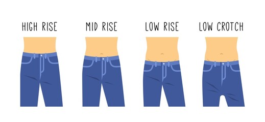 Male jeans different fit. Jean pants for men. High rise, medium cut, low waist, low crotch trousers on male torso. Fashion style guideline for modern guy. Flat vector illustration. Clothes infographic