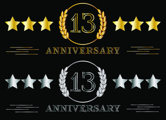13th anniversary set gold and silver. Celebrating birthday, banner for special date with ring on isolated background.