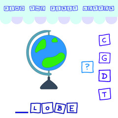 Find the first letter of the word GLOBE and connect. Educational game for children.
