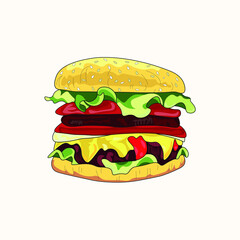 Juicy tasty hamburger, vector graphic. Drawing of a burger with cheese on a white background