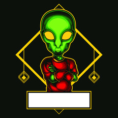 Mascot esport green alien character logo gaming red tshirt. Logo gaming for team squad. logo vector character alien for gaming.