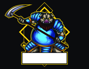 mascot esport pig character logo gaming blue armour costume with weapon. Logo gaming for team squad.logo vector character pig for gaming.