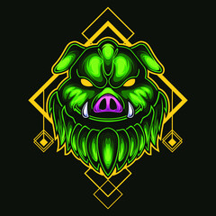 mascot esport pig face character logo gaming green armour costume with head ornament. Logo gaming for team squad.logo vector character pig face for gaming.