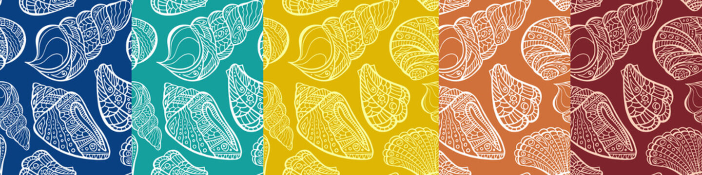 Polynesian shell irregular seamless pattern recolor collection. Zen doodle conch endless texture bundle. Maori sea random repeat boundless background. Tribal ocean surface design. Set in dark colors.