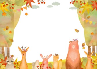 北欧風オシャレな秋の植物や森の動物の白バックフレームのイラストベクター素材
